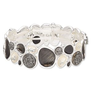 Bracelet, stretch, druzy (imitation) / Czech glass rhinestone / enamel / silver-plated "pewter" (zinc-based alloy), black / cream / clear, 19mm wide with freeform design, 6-1/2 inches. Sold individually.