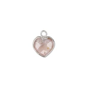Drop 1pkg1, sterling silver / silver-plated copper / pink opal (natural), 10x10mm hand-cut faceted puffed heart