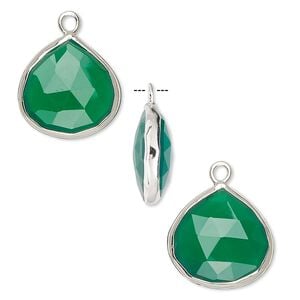 Drop, green onyx (dyed) and sterling silver, 15x15mm double-sided faceted teardrop. Sold per pkg of 2.