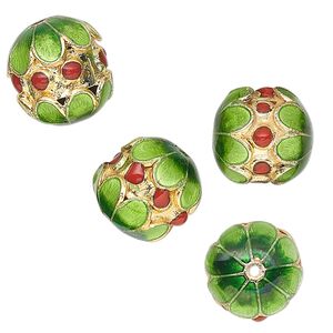 Bead 1pkg4 cloisonn&eacute; gold-finished, 13x12mm drum / flowers / dots, brass / enamel
