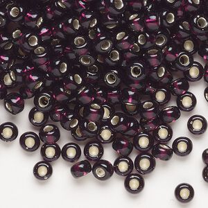 Seed bead, Miyuki, glass, pkg/25g, #6 rocaille, transparent silver-lined extra dark smoky amethyst (RR-2428).