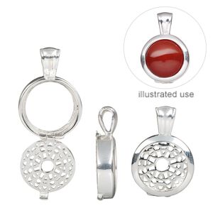 Pendant, sterling silver, 24x17mm hinged round with flower design and 14mm cabochon setting. Sold individually.