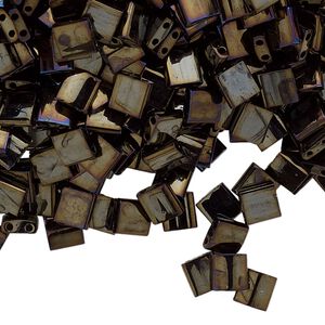 Seed bead, TILA&reg;, glass, pkg/40g, 5mm full tila square, opaque metallic rainbow dark olive, (TL-458).