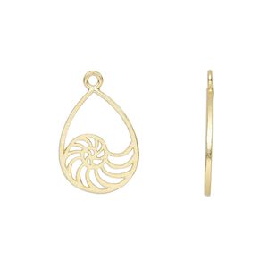 Charm Amoracast&reg; 1pkg1 sterling silver, 15x11mm 2-sided open nautilus shell teardrop, "vermeil" (gold finish)