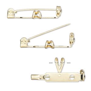 Pin back 1pkg10 gold-finished "pewter", 26x12mm / locking bar, steel