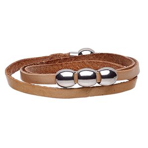 Bracelet, 3-strand wrap, leather (dyed) and stainless steel, natural, 10mm wide with 10mm barrel, 10 inches with magnetic clasp. Sold individually.