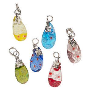 Drop mix, millefiori glass and silver-finished steel 1pkg6, translucent multicolored, 16x9mm-18x10mm puffed teardrop.