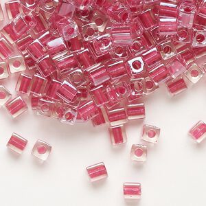 Seed bead, Miyuki, glass, pkg/250g, 3.5-3.7mm square, transparent clear inside dyed color metallic rose (SB-2603).