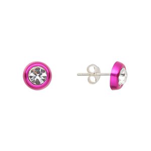 Earstud, Create Compliments&reg;, enamel and sterling silver, hot pink, 8mm round. Sold per pair.