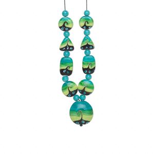 Bead, glass and waxed cotton cord, multicolored, 19-40mm double-sided multi-shape. Sold per set.