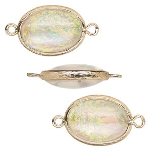 Link, Opalized Ice&trade;, "opal" (resin) and gold-finished brass, white, 20x15mm double-sided oval. Sold per pkg of 4.