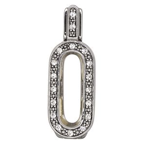 Pendant, Almost Instant Jewelry&reg;, antique silver-plated brass / crystal / rubber, crystal clear, 34.5x12mm single-sided hinged oval with 21x7mm long classical oval setting. Sold individually.
