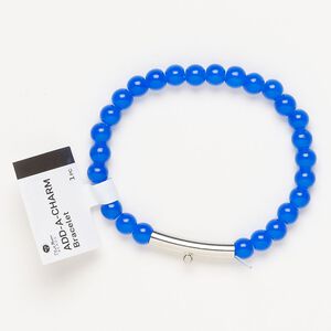 Bracelet, stretch, silver-finished brass and glass, blue, 6mm round and 25x5m round tube with bottom loop, 6-1/2 inches. Sold individually.
