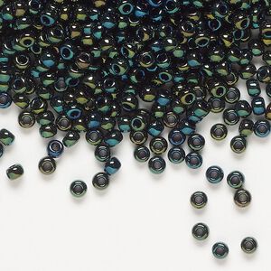 Seed bead, Miyuki, glass, pkg/250g, #8 rocaille, opaque metallic iris forest green (RR-453).