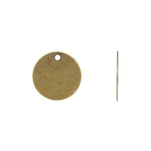 Drop, antique gold-plated brass, 15mm flat round. Sold per pkg of 100.