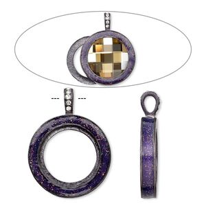 Pendant, Almost Instant Jewelry&reg;, epoxy / crystals / gunmetal-finished "pewter" (zinc-based alloy), amethyst purple and crystal clear with glitter, 45x35mm single-sided with 30mm round setting. Sold individually.