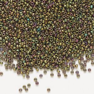 Seed bead, Miyuki, glass, pkg/250g, #15 rocaille, opaque matte metallic iris khaki patina (RR-2069).