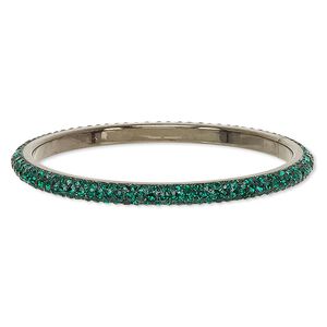 Bracelet, bangle, epoxy / Preciosa glass rhinestone / gunmetal-plated brass, black and emerald green, 6mm wide, 8-1/2 inches. Sold individually.