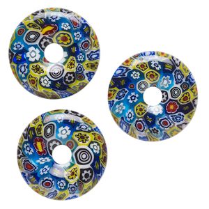 Component, millefiori glass, translucent multicolored, 24-26mm undrilled donut with flower design. Sold per pkg of 3.
