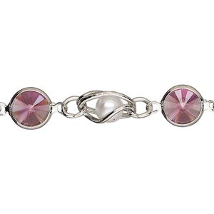 Chain, VINTAGE Crystal&trade;, imitation rhodium-plated brass and crystal, rose and white, 9mm round pearl and rivoli link. Sold per pkg of 1 meter.