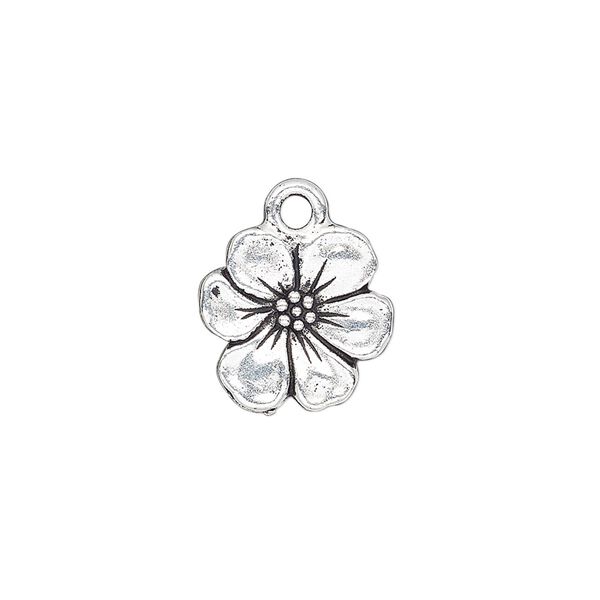Charm, TierraCast&reg;, antique silver-plated pewter (tin-based alloy), 14mm double-sided flower. Sold per pkg of 2. image number 0