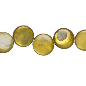 Mother-of-pearl shell 1pkg1, puffed flat round bead 15 inch golden olive 10-11mm