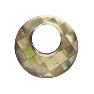 Focal, black lip shell and resin (assembled) 1pkg1, 30-31mm undrilled 1sided go-go with checkerboard pattern.