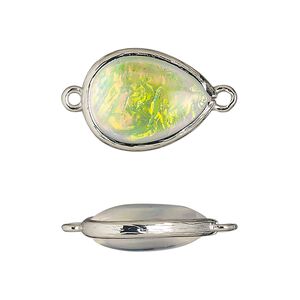 Link, Opalized Ice&trade;, "opal" (resin) and imitation rhodium-finished brass, opaque white, 19.5x15mm double-sided teardrop. Sold per pkg of 4.