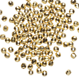 Bead, Czech fire-polished glass 1pkg1200, opaque 14Kt gold-plated clear, 3mm faceted round.