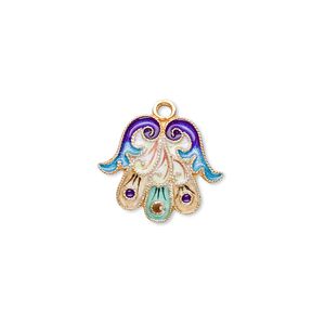 Drop, "vermeil" and cloisonn&eacute;, multicolored, 17x17mm Fatima hand. Sold individually.