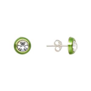 Earstud, Create Compliments&reg;, enamel and sterling silver, peridot green, 8mm round. Sold per pair.
