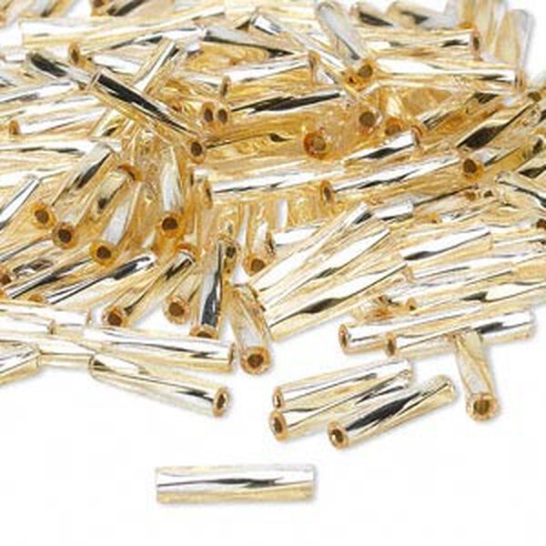Bead, Miyuki, bugle bead, glass, pkg/50 g, 12x2.7mm center-drilled twisted, silver-lined translucent light gold/clear (TW-3931). image number 0