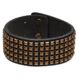 Bracelet, leather (dyed) / antique brass-finished "pewter" (zinc-based alloy) / steel, brown, 30mm wide with square studs, 6 inches with tab closure. Sold individually.