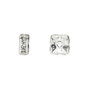 Bead 1pkg10 silver-plated, 8x4mm squaredelle, brass / clear rhinestone