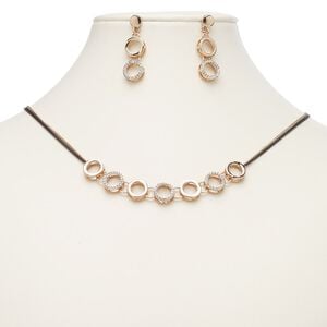 Necklace and earring set, crystals / rose gold-finished brass / "pewter" (zinc-based alloy) / antique brass-plated steel, crystal clear, 11mm open round, 18-inch necklace with 2-inch extender chain and lobster claw clasp, 37mm earrings with post. Sold per set.