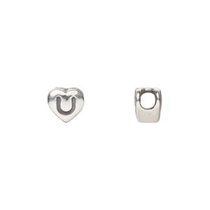 Bead 1pkg1 sterling silver, 7.5x7mm heart / letter U, antiqued Dione&reg;