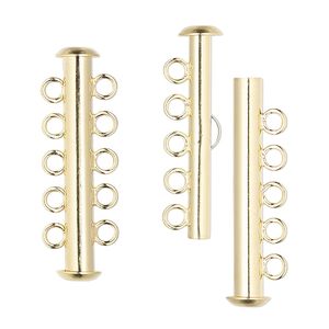 Clasp slide lock 1pkg10 gold-plated, 31x6mm tube, brass 5-strand