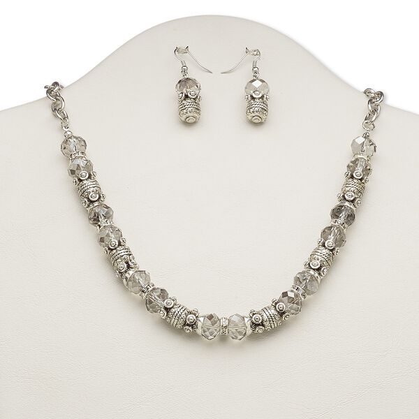 Necklace and earring set, glass with silver-plated steel and "pewter" (zinc-based alloy), clear, rondelle, 20 inches with 2-inch extender chain and lobster claw clasp, 39mm earrings with fishhook ear wire. Sold per set. image number 0
