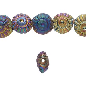 Bead, pressed clay, rainbow, 11x6mm-12x7mm handmade side-drilled textured rondelle. Sold per 16-inch strand, approximately 35 beads.