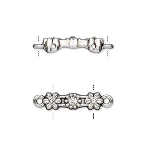 Link, glass rhinestone and antique silver-finished "pewter" (zinc-based alloy), clear, 18x5mm double-drilled bar with flower design, fits up to 11.5mm bead. Sold per pkg of 10.