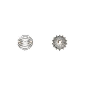Bead 1pkg12 silver-plated, 7.5mm corrugated round, brass