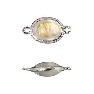 Link, Opalized Ice&trade;, "opal" (resin) and imitation rhodium-finished brass, opaque white, 16x12mm double-sided oval .Sold per pkg of 4.