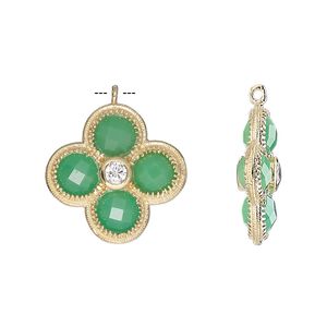 Drop, chalcedony (dyed) / cubic zirconia / gold-finished sterling silver, clear and sea green, 19mm double-sided faceted flower. Sold individually.