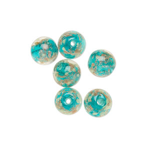 Bead, lampworked glass, clear / teal / glow-in-the-dark / gold, 8mm round. Sold per pkg of 6.