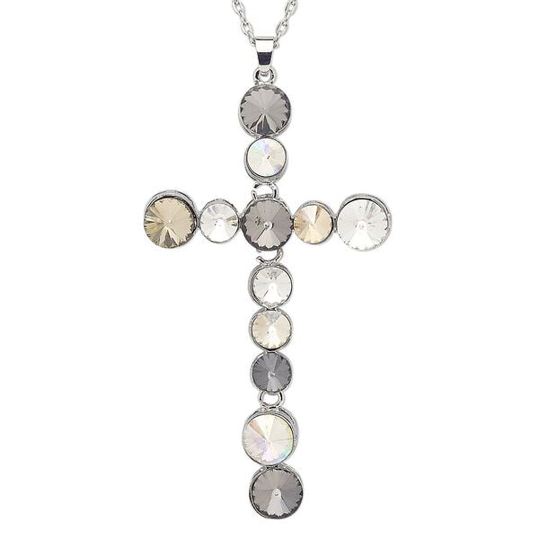 Necklace, glass with silver-plated steel and "pewter" (zinc-based alloy), multicolored, 3-1/2 x 2-inch cross, 29 inches with 2-inch extender chain and lobster claw clasp. Sold individually. image number 0