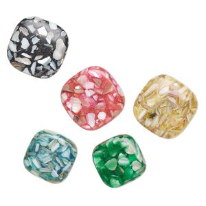 Mother-of-pearl shell / resin 1pkg5, rounded square bead multicolored 25-30mm