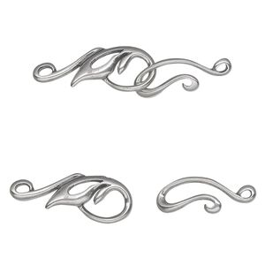 Clasp hook&eye 1pkg1 sterling silver, 39x11mm swirl, antiqued 1-strand