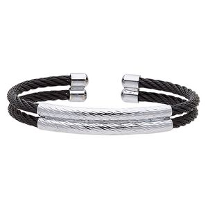 Bracelet, cuff, black- and silver-plated stainless steel, 10mm wide 2-row cable band, adjustable from 7-8 inches. Sold individually.