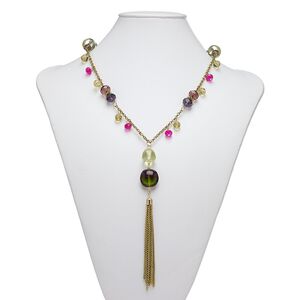 Necklace, glass / gold-coated plastic / gold-finished steel, multicolored, 6-inch dangle, 38 inches with 3-inch extender chain and lobster claw clasp. Sold individually.
