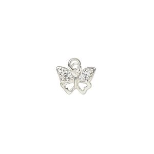 Charm, crystal / sterling silver / epoxy, clear and white, 10x7mm single-sided butterfly with 3mm closed jump ring. Sold individually.
